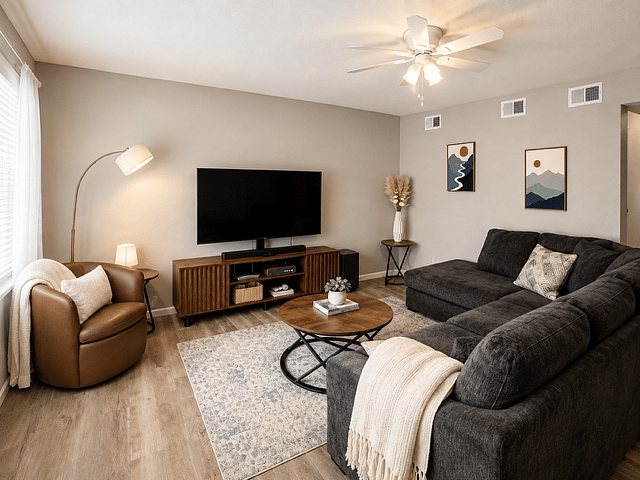 Living room with cozy sectional & Smart TV