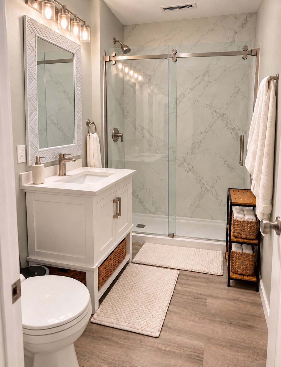 Newly renovated bathroom- new shower, vanity, and high seated toilet