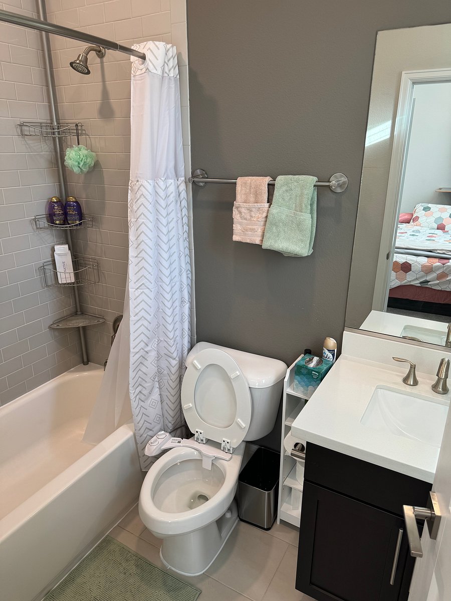 Top floor bedroom en-suite bathroom with shower+bath, medicine cabinet, and bidet-equipped toilet