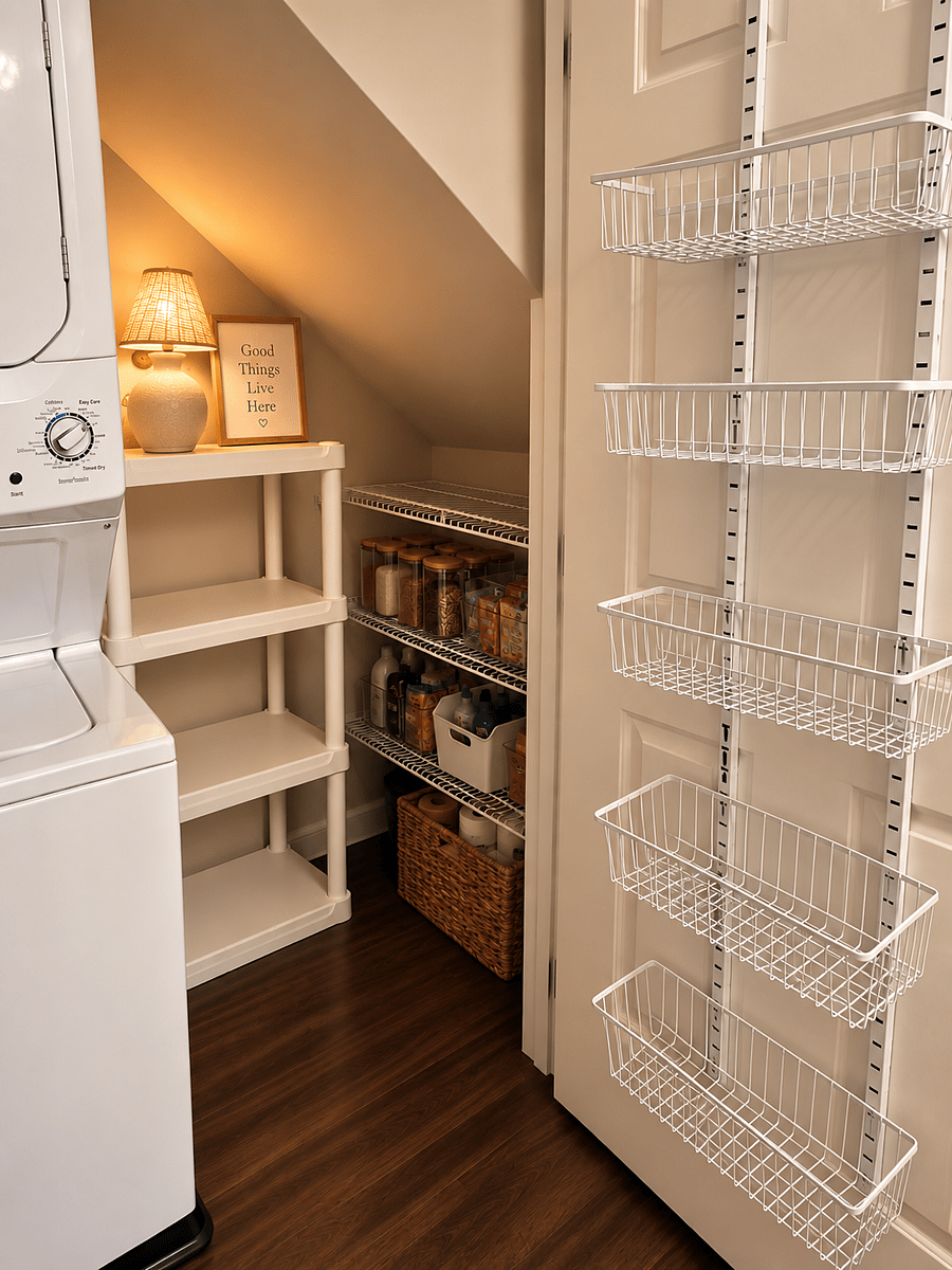 Shared Pantry. All the empty shelves and spots are for you! I will move the lamp and frame so you have more space.