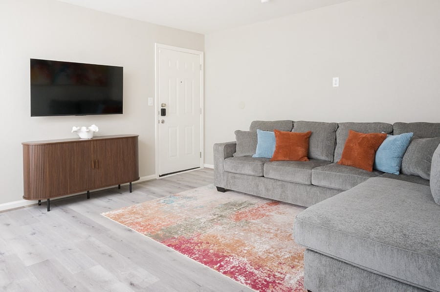 Cozy living room with natural light and a full-size sofa bed.