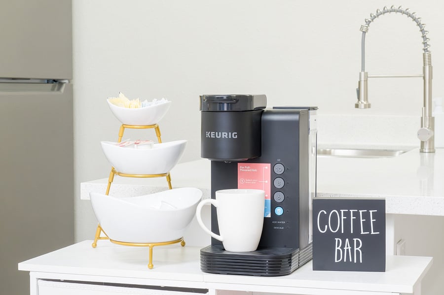 Start your morning right at our charming and fully stocked coffee bar station.
