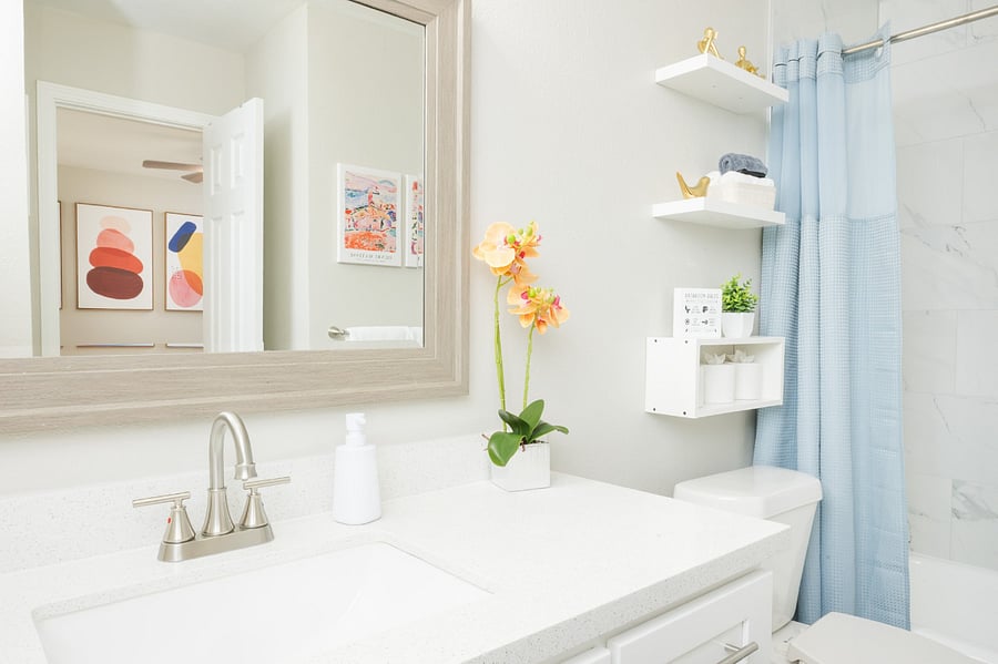 Bright bathroom with an artistic reflection.