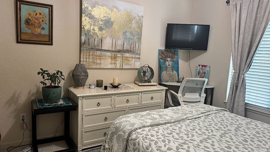 Dresser, corner desk with built in USB, TV with Firestick.