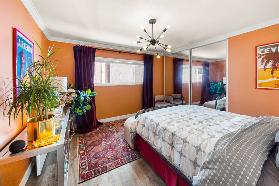 Your bedroom view as you walk in. All lights are Alexa enabled and you have your own code-based lock to your room.