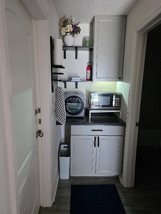 Air fryer, microwave, induction burner, plates, silverware and utensils.