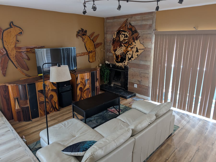 living room and fireplace