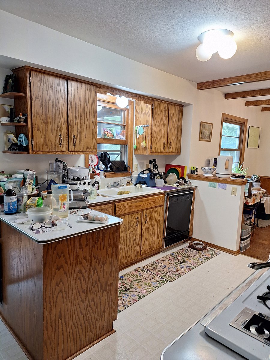 kitchen has coffee maker, waffle maker, juicer, citrus juicer, blender, dehydrator, air fryer, microwave, food processer, oven, stove, frig, some food storage.