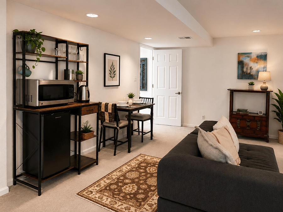 Private kitchenette in suite with microwave, fridge, sink, etc
