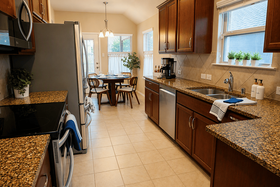 Fully equipped kitchen with stainless-steel appliances.