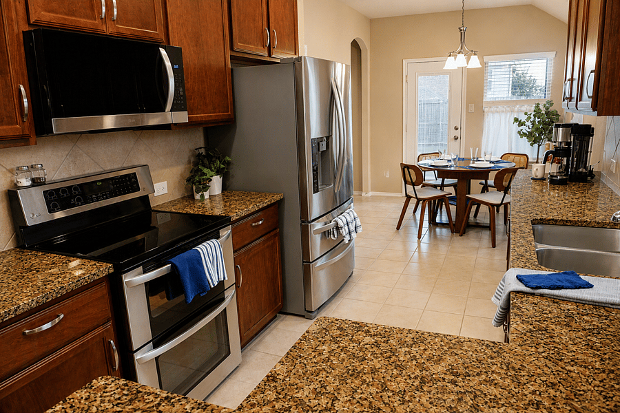 Fully equipped kitchen with stainless-steel appliances.