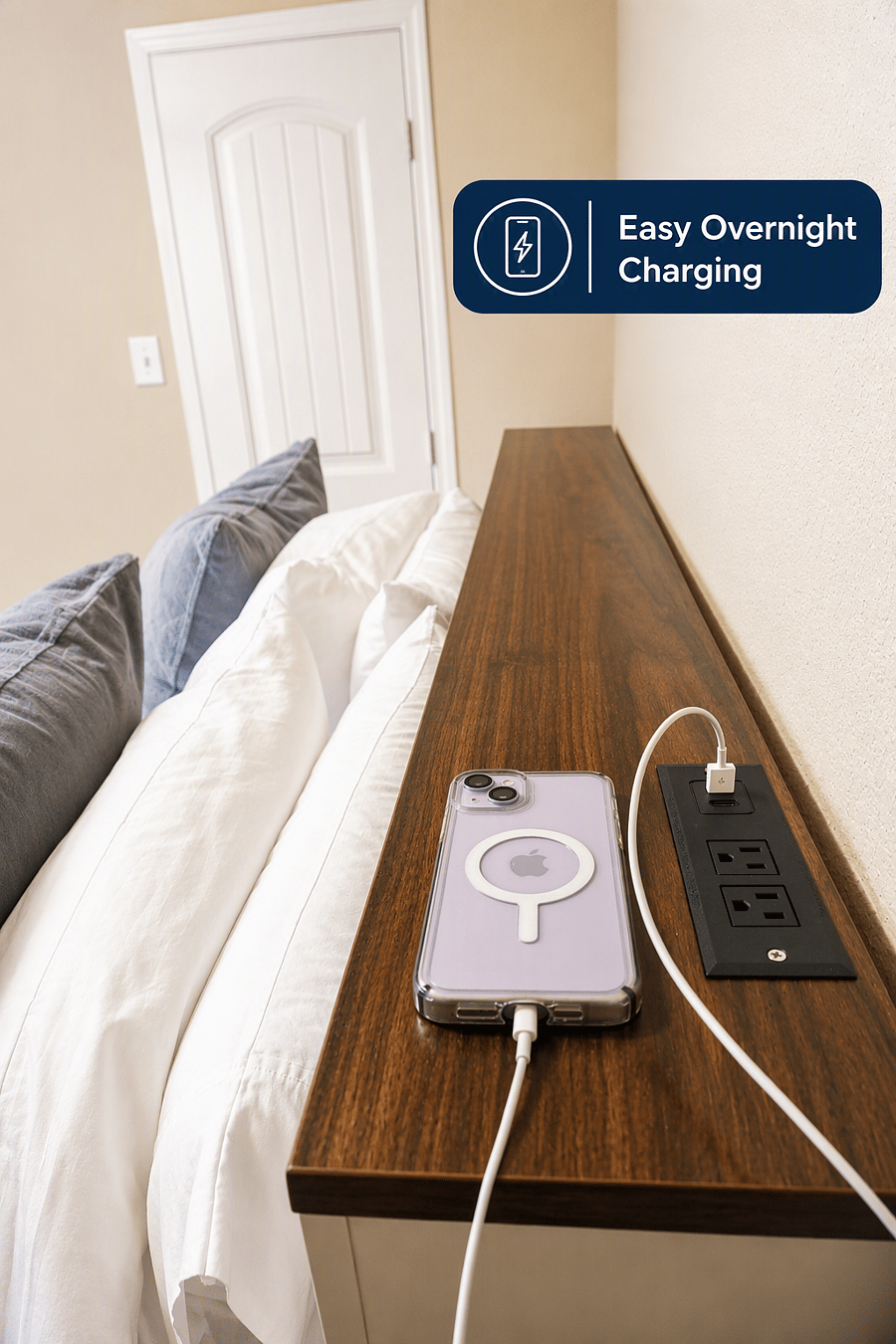 Thoughtfully designed headboard with built-in power and USB ports.  