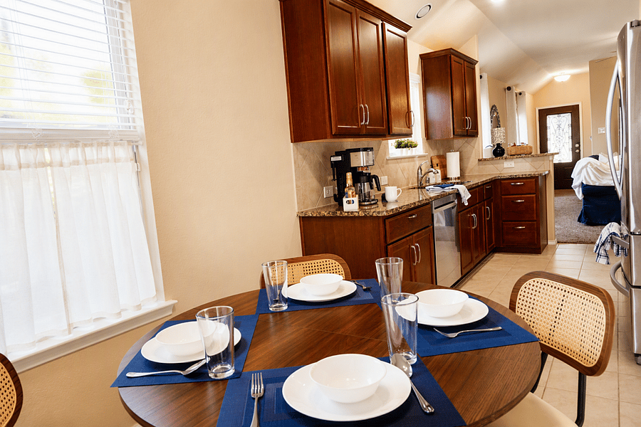 Dining table expands to comfortably accommodate 6.