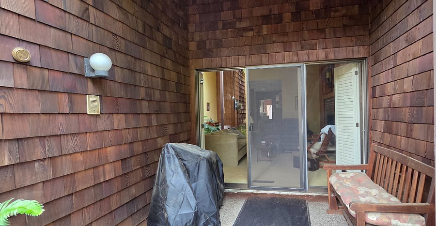 Living Room patio, bench and BBQ