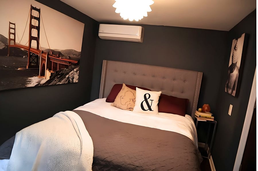 Bedroom - Queen size bed is the largest to fit in this space. Air Split in the space to regulate temperatures year round (warm and cold).
