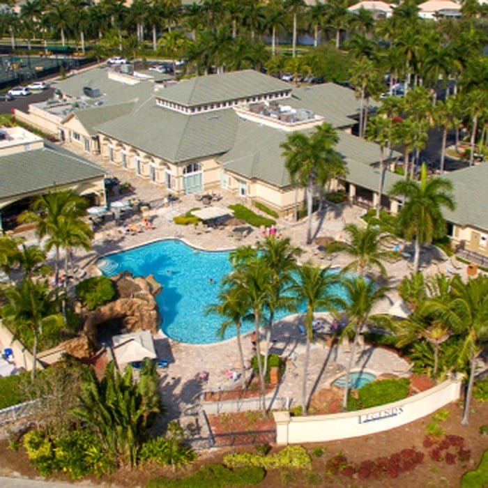 Aerial view of clubhouse and resort pool