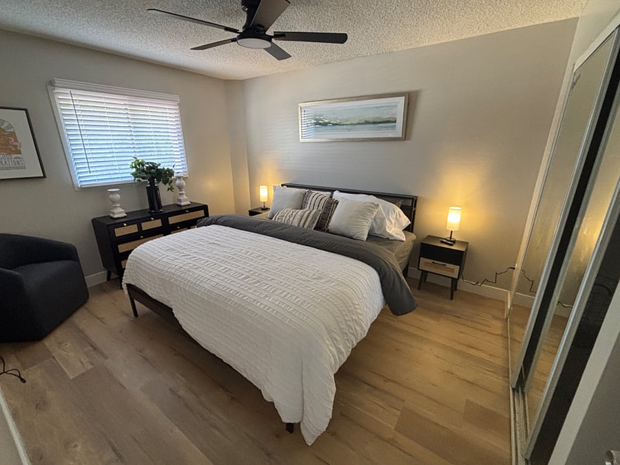 Second bedroom has another king bed, smart tv and plenty of closet/storage space