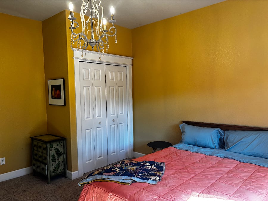 Queen size bed. All cotton sheets and light down blanket. Full closet and large dresser