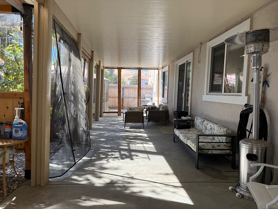 Our Covered backyard patio fun fact, we like to do karaoke parties outside or in our house, depending on the weather, we did purchase outside heaters