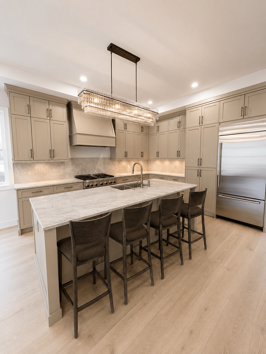 Kitchen- Taj Mahal counter tops and backsplash with high-end 36" gas range, premium appliances and cookware.