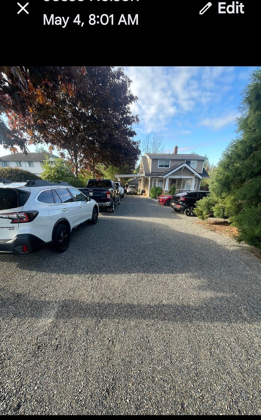 Example of 5 cars parked in driveway (plus one in carport) with full access to egress/ingress