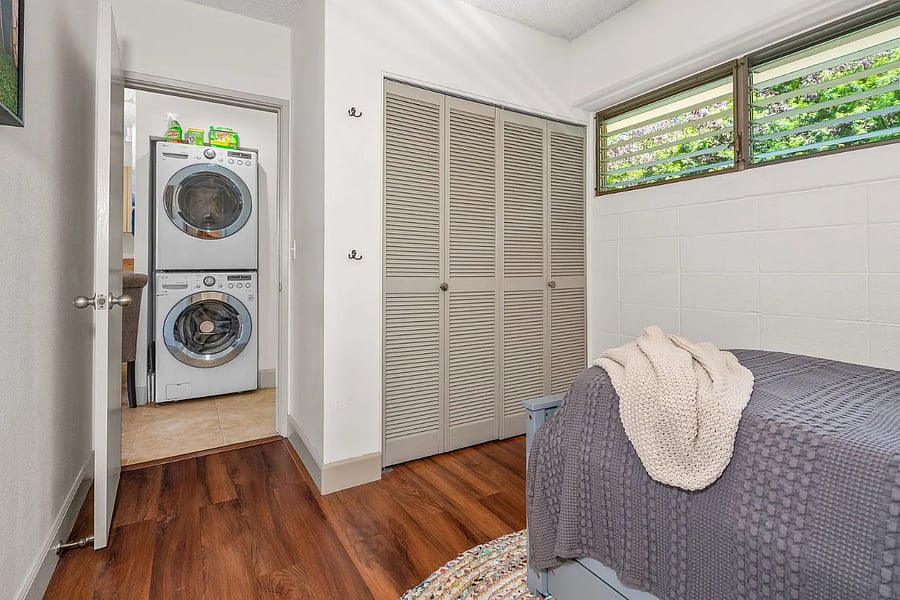Second bedroom has a great storage closet as well as under the bed storage drawers