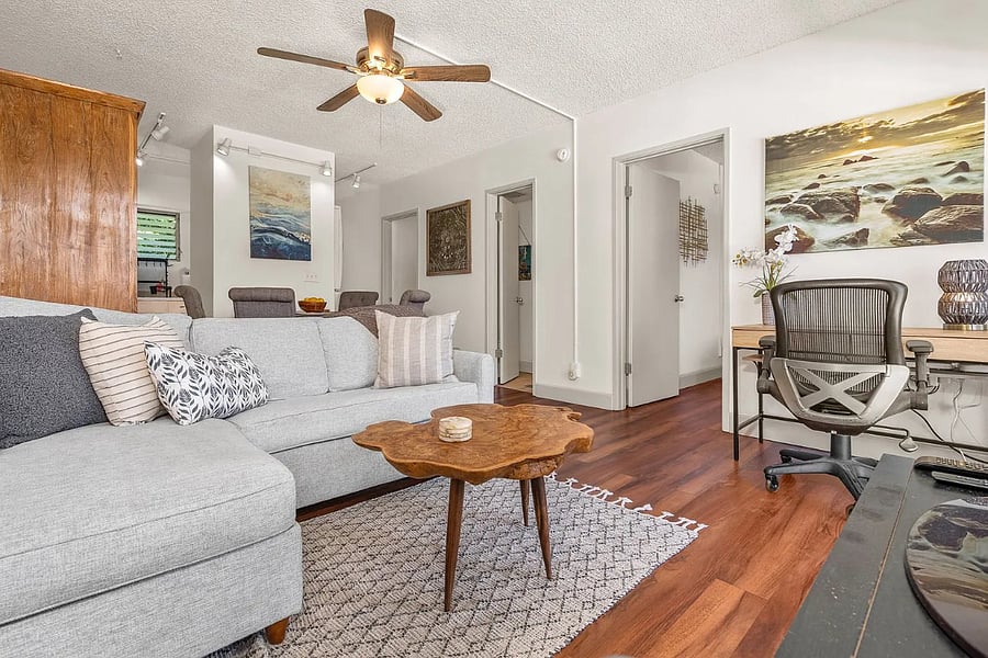 Sofa turns into another bed for guests.  There is a portable swamp cooler in this room also for extra comfort needs as well as a ceiling fan. 