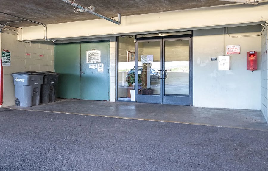 Secure entry has a coded elevator door.  