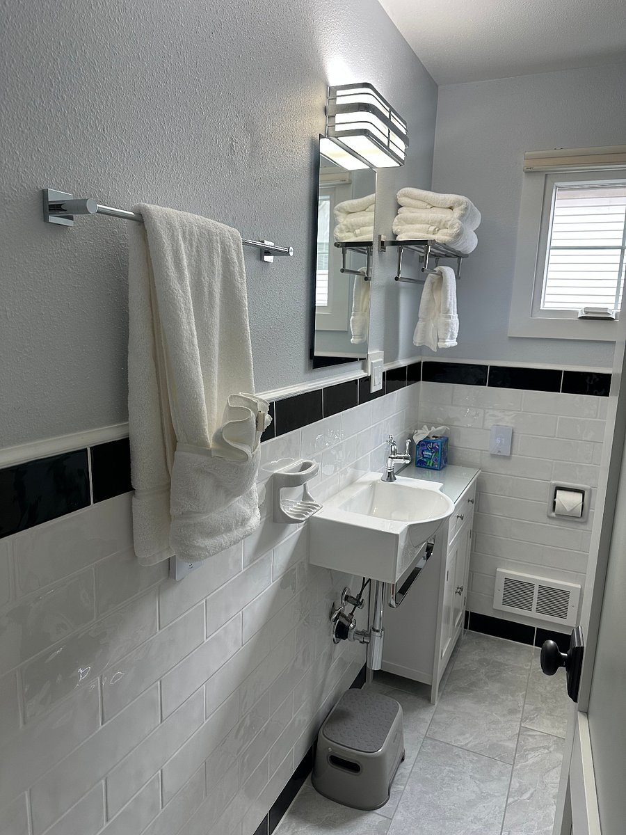 View into the bathroom from the hallway.