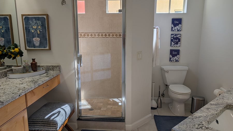Master bath walk in shower with seat