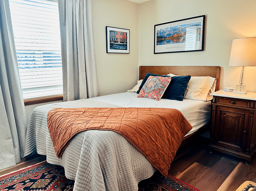 Both bedrooms have closets, full length mirrors, a dresser, blackout curtains and memory foam mattress