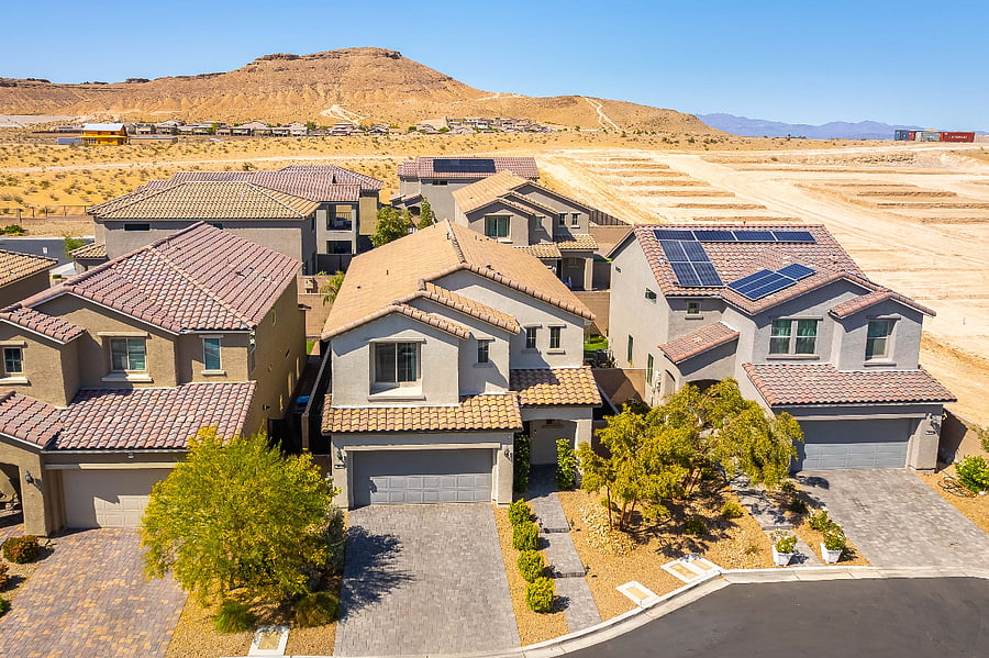 Aerial view of the home on a peaceful southwest Las Vegas cul-de-sac
