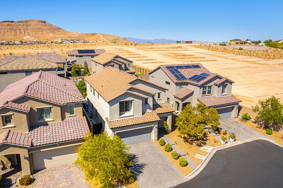 Aerial view of the home on a peaceful southwest Las Vegas cul-de-sac