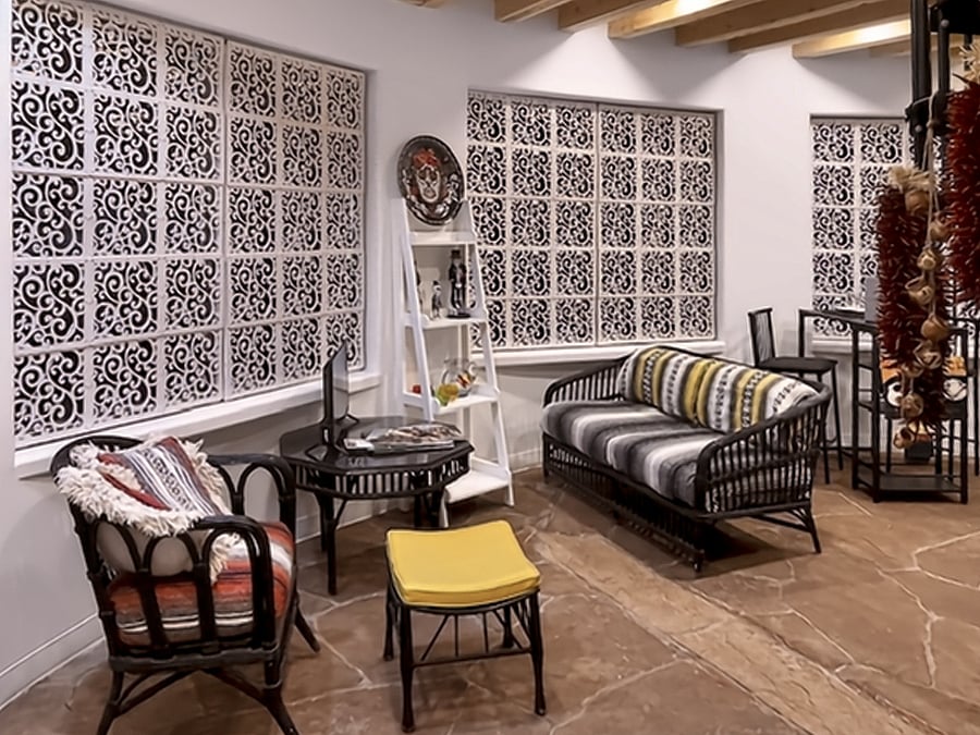 The same lattice windows provide incomparable privacy, even at night.