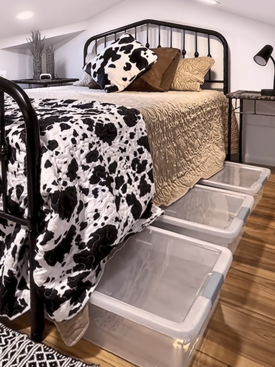 Clean storage under the bed provides a convenient place to organize in addition to the loft closets.