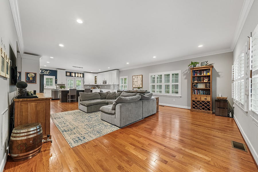 One of the home's showpieces is a massive, wide-open family room and kitchen designed for effortless entertaining and everyday living.