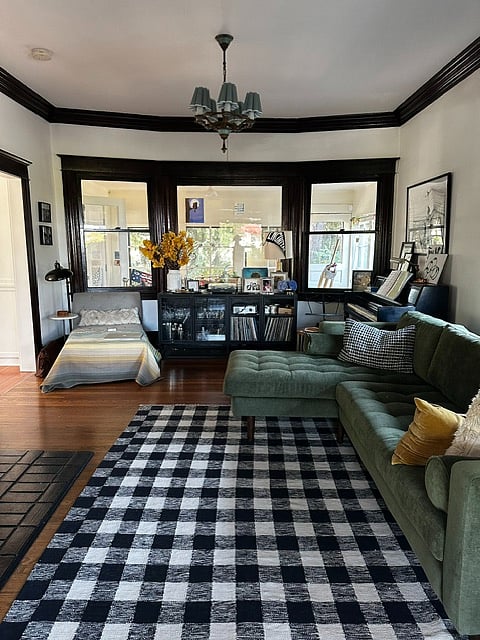 Cozy interior family room with working wood stove