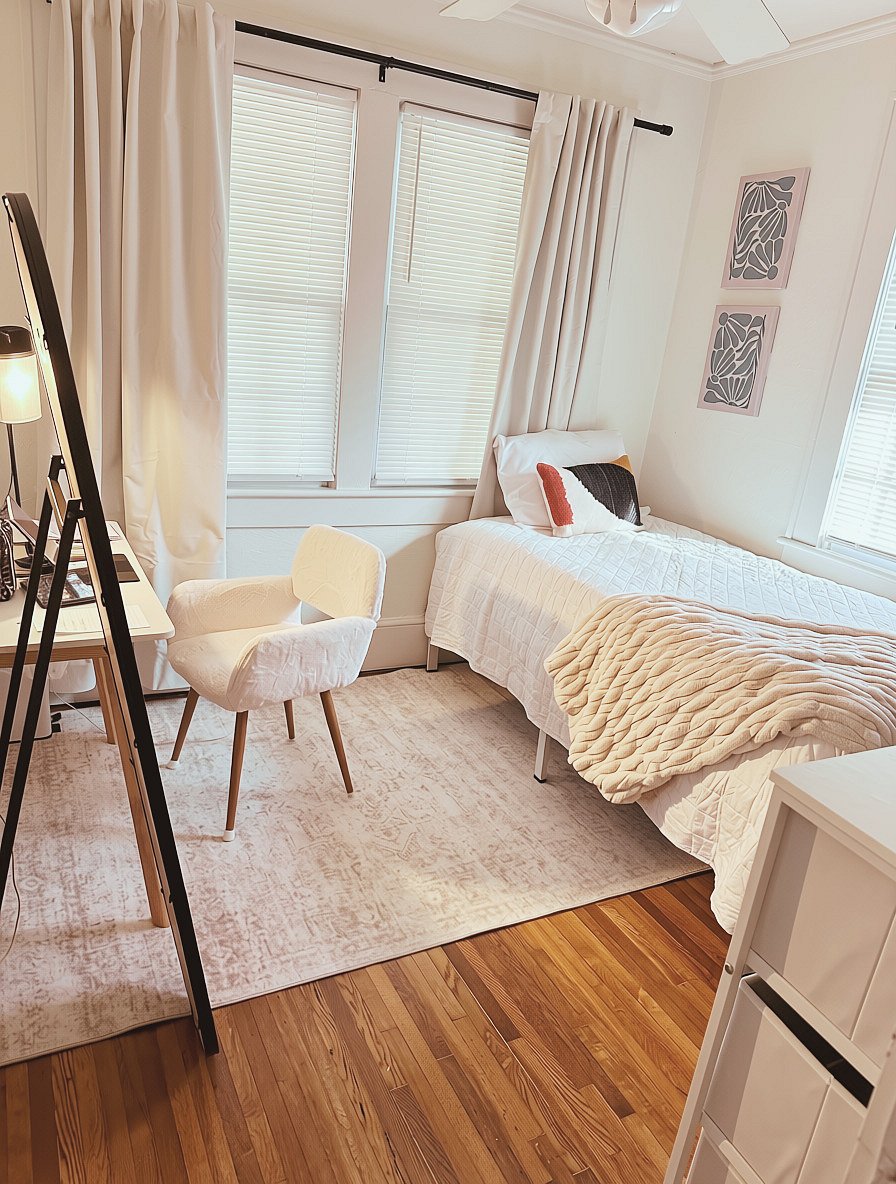 Bedroom #2 - Twin bed, luxury linens, writing desk, dresser, ceiling fan, wardrobe, and full length mirror