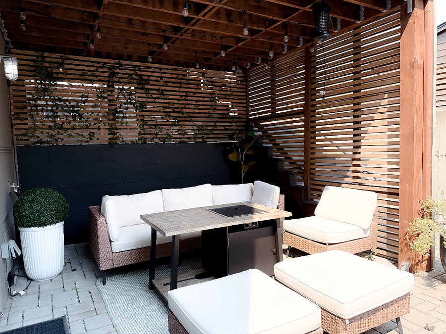 Outdoor furniture with propane fire pit/table.