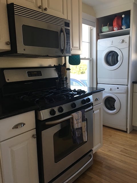 Stainless steel gas stove, electric microwave, washer & dryer