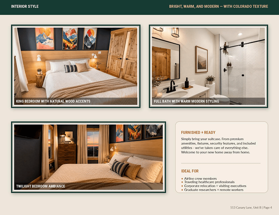 Enclosed bed/bath with king bed, luxurious linens and bedding, and plenty of Colorado charm featuring wood accents throughout the home