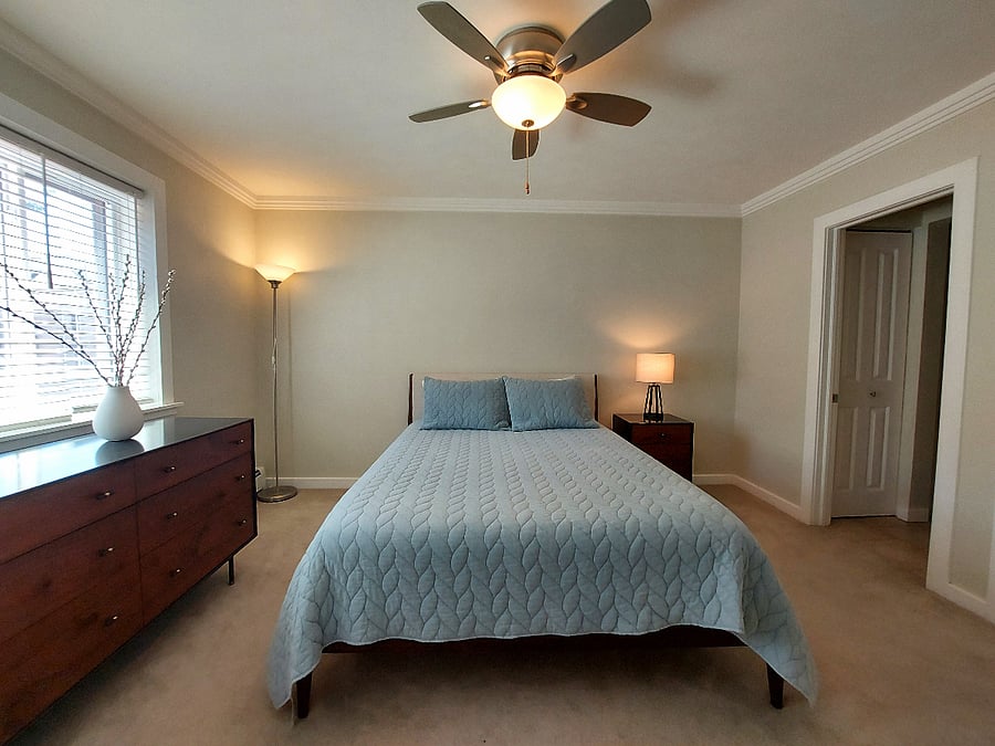 Queen Casper mattress, ceiling fan, blackout shade and portable AC (not pictured)