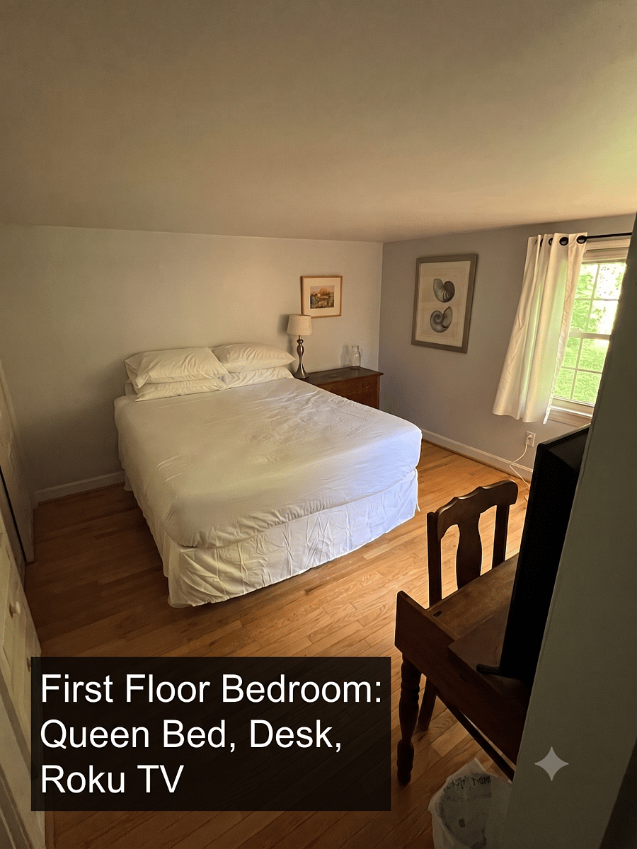 1 first floor bedroom (queen bed + Roku TV)