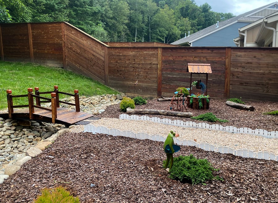 The backyard compliments the fun, whimsical interior that we created. Located, right off the sun room, the backyard provides a peaceful yet colorful vibe.