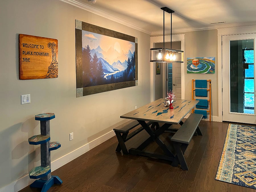 Part of the open floor plan, the dining area is another fun area in this whimsical house.