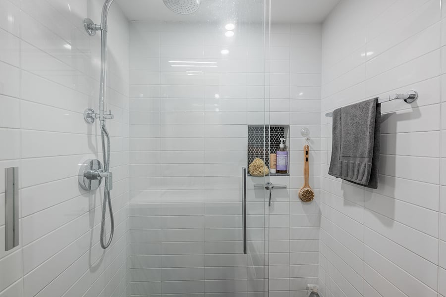 Large walk-in shower with rain showerhead and handheld shower.
