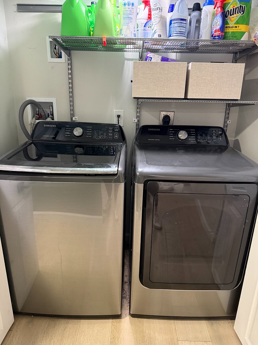 Large washer/dryer. Cleaning products available.