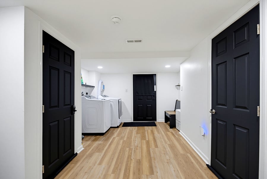 Laundry and entry seating for resting or changing shoes; dining and entry seats include private storage.