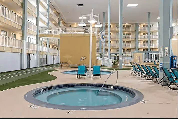 Vacation vibes, rain or shine our indoor hot tub is perfect for a quick soak in the evening or in case of rain.
