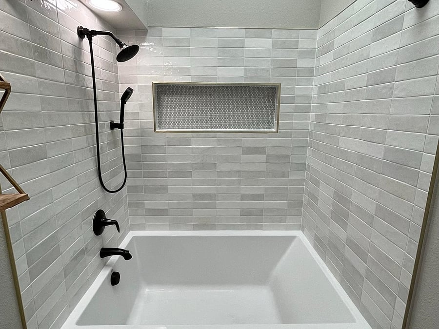 Primary bathroom with soaking tub and shower.